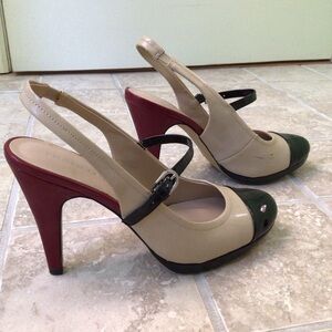 Franco Sarto Black Red Beige Sling Backs Patent Leather Size 7